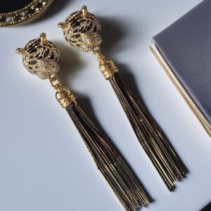 18k Gold Plated Pave Zircon Crystal Tiger Dangle Tassel Chains Earrings